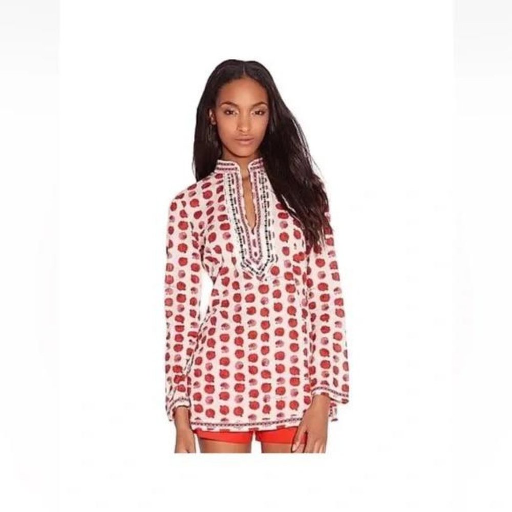 Tory Burch Hedgehog Print Long Sleeve Cotton Tunic Top Sz 12